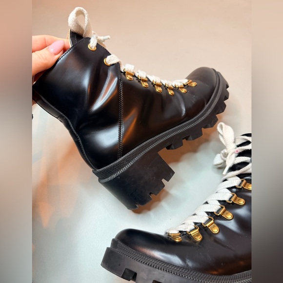 Gucci Black Leather Combat Ankle Boots | White Laces | Gold Accents | Size 7 - Picture 7 of 17